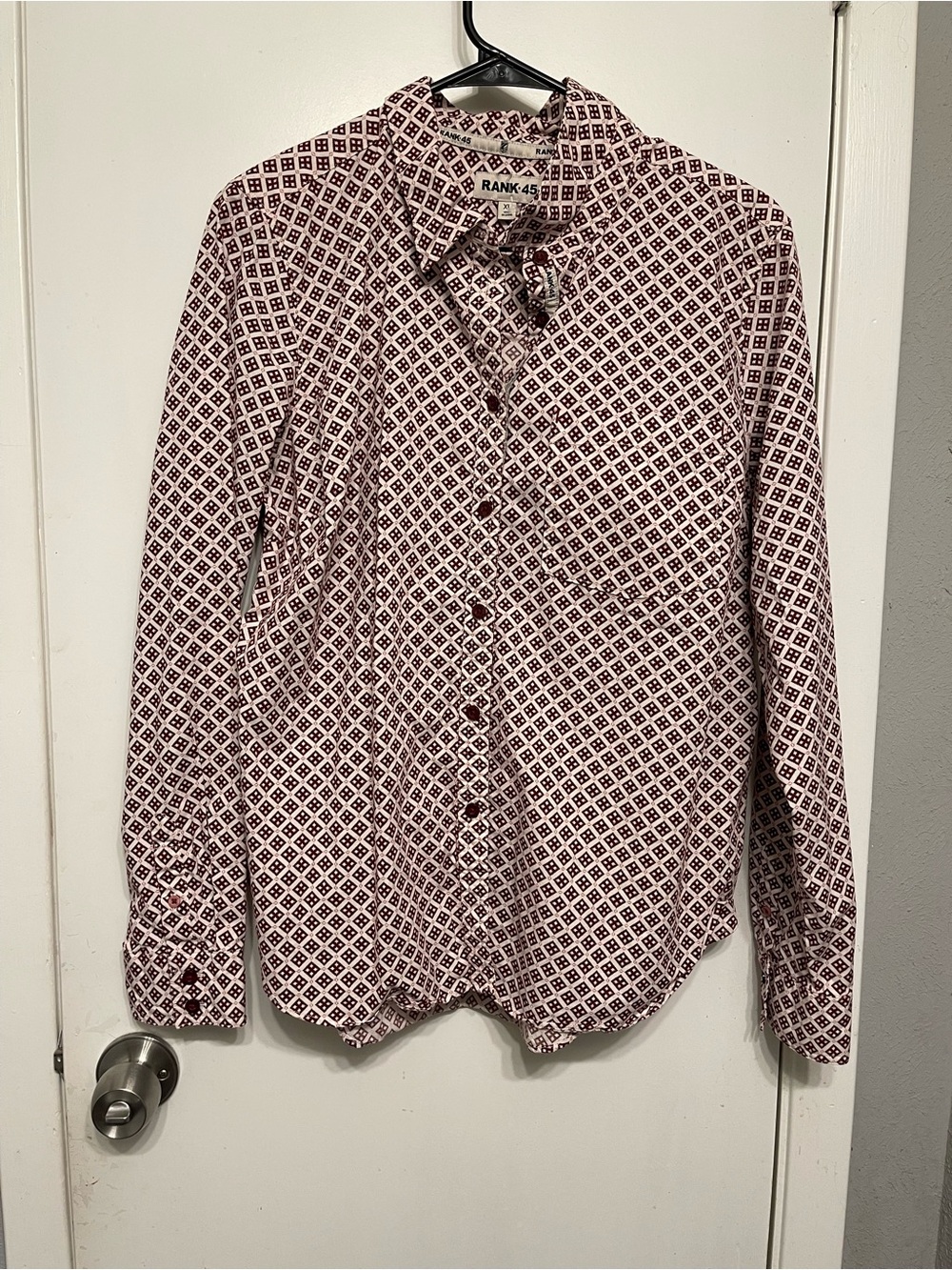 RANK 45 Men’s XL Western Button Down Shirt Burgundy Geometric Print Long Sleeve